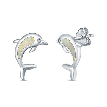 Dolphin Stud Earrings Lab Created White Opal 925 Sterling Silver (13mm)